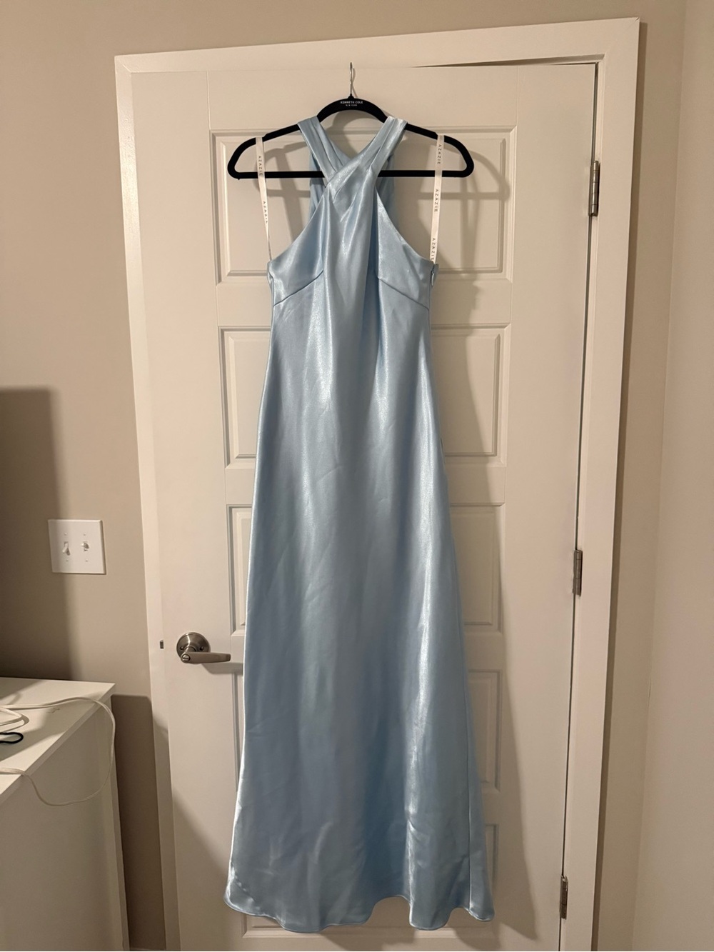 Azazie Light Blue Satin Cross-Neck Maxi Dress